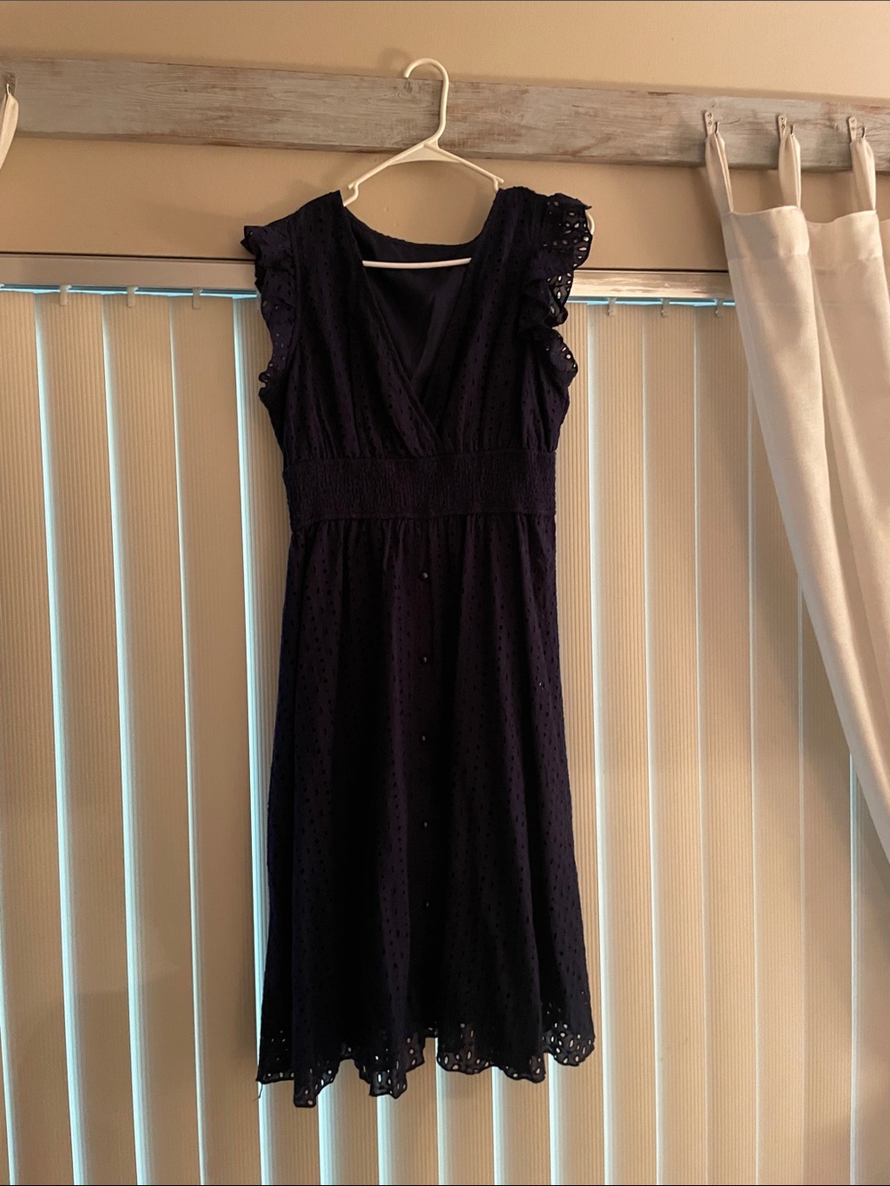 SHEIN Navy Eyelet V‑Neck Midi Dress with Flutter Sleeves